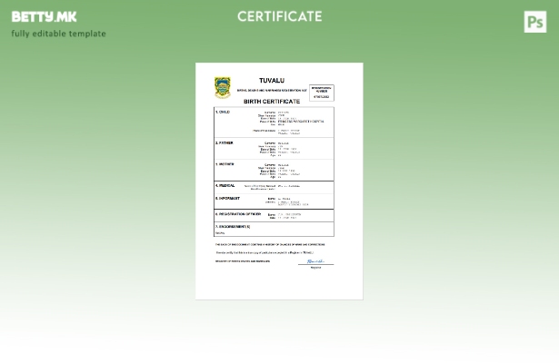 модерен стил Тувалу извод од матична книга на родени Шаблон за Word и PDF